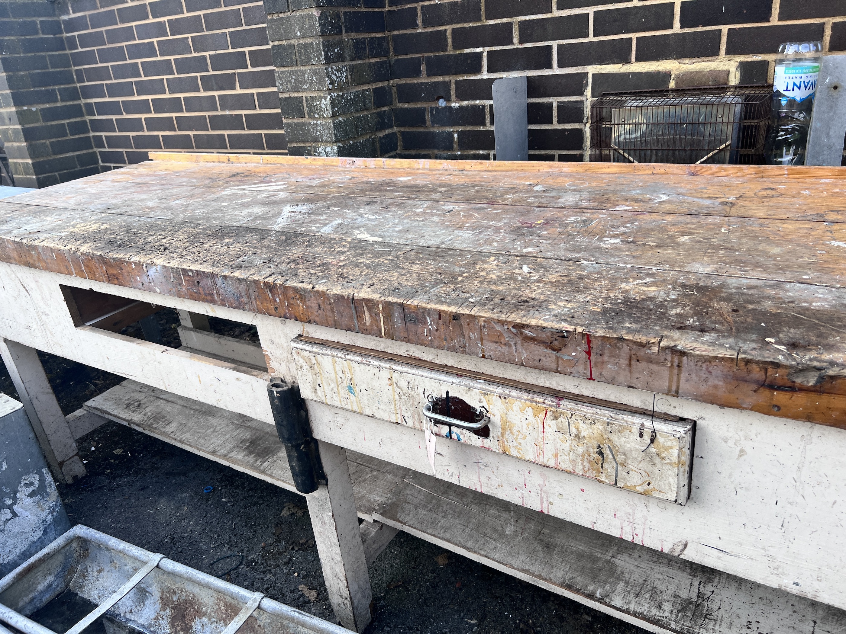 A vintage pine work bench with painted base, width 274cm, depth 80cm, height 93cm